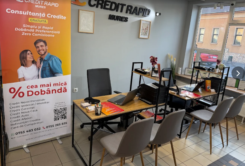 Birou și banner Credit Rapid Mureș